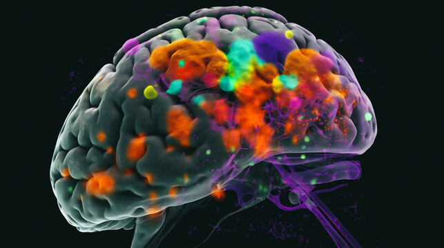 a brain, with the affected areas highlighted in bright colors.  both healthy and diseased brain tissue  Generative AI