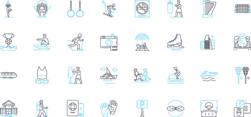 Adventure pursuits linear icons set. Climbing, Hiking, Skydiving, Bungee jumping, Surfing, Rafting, Rock climbing line vector and concept signs. Snowboarding,Mountain biking,Parkour outline
