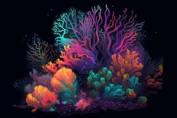 Fototapeta na wymiar Underwater world, corals in the depths of the ocean. Sea flowers, underwater deep flora and fauna. Colorful neon corals. AI. Generative AI