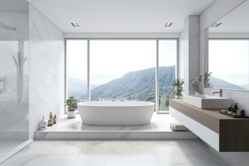 Naklejka na ściany i meble Top view of light bathroom interior with sink and tub near panoramic window. Generative AI
