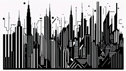 A minimalist graphic design of a city skyline, with black and white lines and geometric shapes bg 7