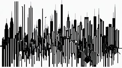 A minimalist graphic design of a city skyline, with black and white lines and geometric shapes bg 1