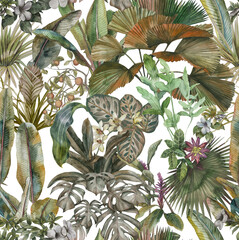 Tropical botanical wallpaper. Seamless pattern with tropical leaves and flowers. Stock illustration painted in watercolor - 594901628