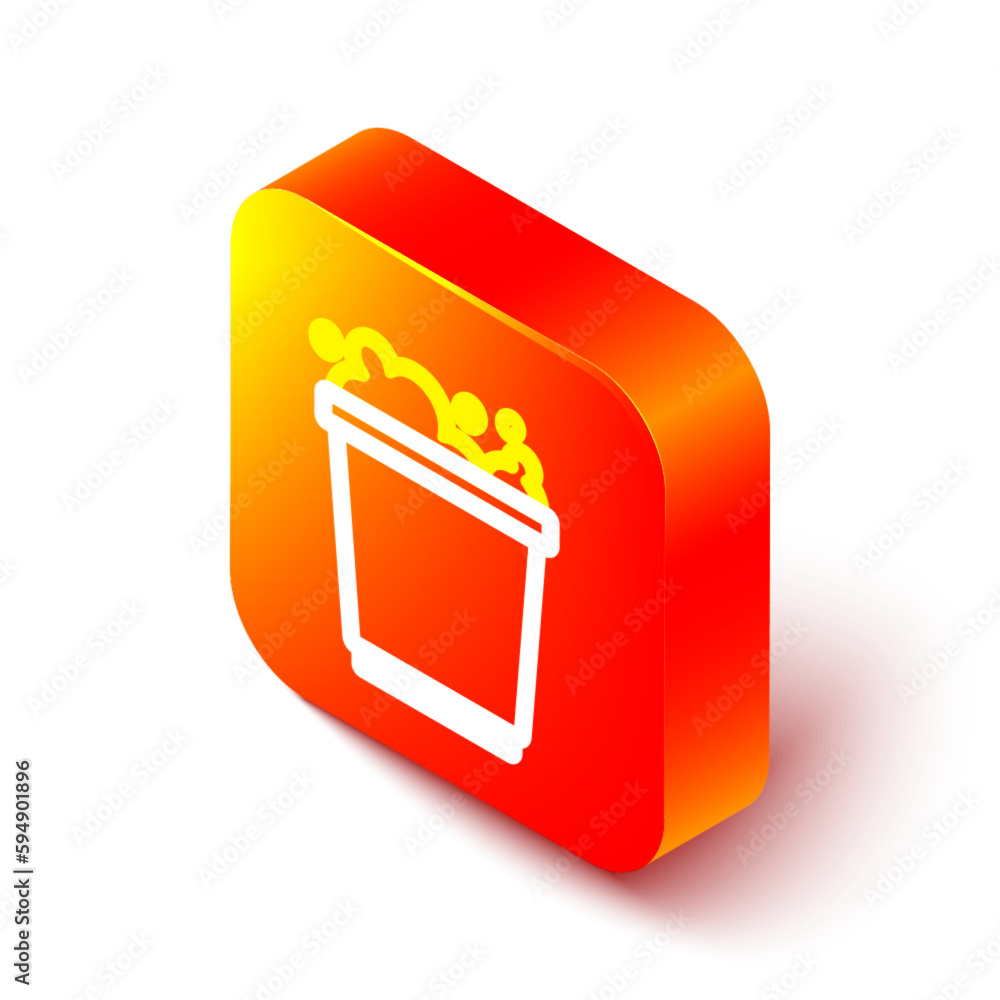 Poster isometric line bucket with foam and bubbles icon isolated on white background. cleaning service conc