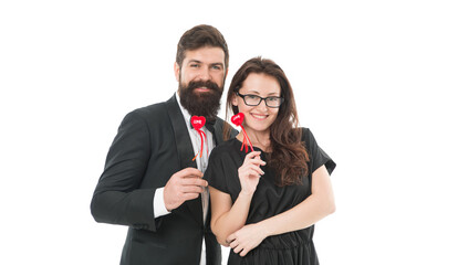 formal couple in love hold heart. elegant couple on formal event party. love and romance. romantic date for man and woman. happy valentines day. tuxedo man with beard. business lady in glasses