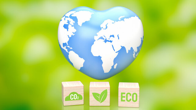 The earth  map on heart for eco concept 3d rendering