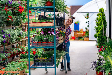 The florist transports flowers ready for sale using shelves on wheels, she's happy about making a...