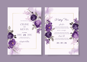 Watercolor wedding invitation template set with romantic purple floral and leaves decoration