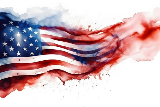 USA flag on a white background for Independence Day in the USA in a watercolor style. With Generative AI tehnology