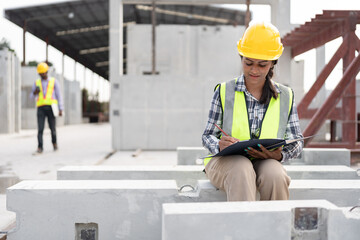 India engineer woman working with document at precast site work	