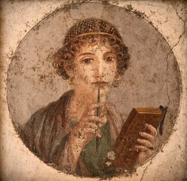 Fresco portrait of woman from Pompei ruins, ancient Rome, Italy