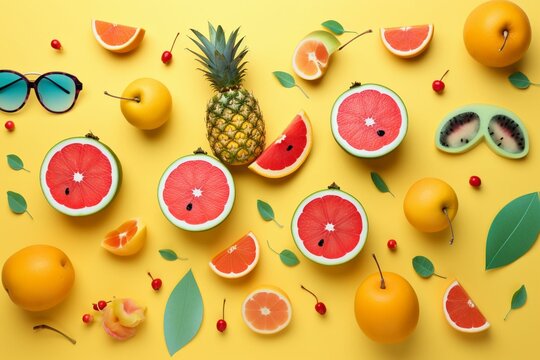 Funny summer background with seasonal fruits. Generative AI