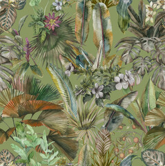 Tropical botanical wallpaper. Seamless pattern with tropical leaves and flowers. Stock illustration painted in watercolor - 594902414