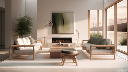 A white minimalistic living room with wood furniture, basking in the sunlight from large windows showcasing a peaceful lake view, photorealistic illustration, Generative AI