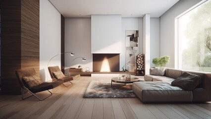 Naklejka na ściany i meble A white minimalistic living room with a cozy sofa, fireplace, and a large window offering a beautiful park view, photorealistic illustration, Generative AI