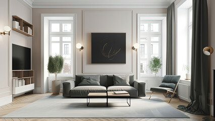 Bright living room in an apartment, flooded with natural light through three large windows, featuring a high ceiling and a minimalistic white interior, photorealistic illustration, Generative AI