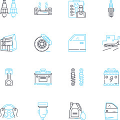 Auto assistance linear icons set. Roadside, Tow, Mechanics, Emergency, Repair, Accident, Tires line vector and concept signs. Battery,Assistance,Jumpstart outline illustrations