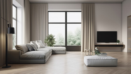 Fototapeta premium A sunlit living room in an apartment with surrounding windows offering a park view, high ceiling, white walls, and wood flooring, photorealistic illustration, Generative AI