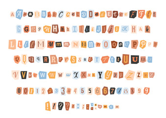 Cut out letters and numbers. Multicolored latin alphabet collection cutting from newspaper, magazine Blackmail, anonymous, ransom note font. Vector symbols, icon set for collage message.
