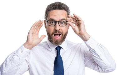 amazed man look in eyewear on background. photo of man look in eyewear.