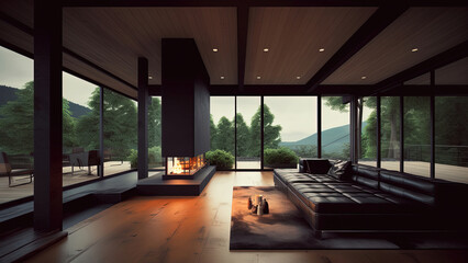 A living room with a dark themed interior, bathed in natural light from surrounding windows, perched atop a hill with views of the mountains and sky, photorealistic illustration, Generative AI