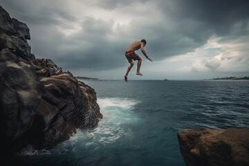A Man Jumping Off A Cliff Into The Ocean From A Cliff Rock Quarry Travel Photography Travel Photography Generative AI