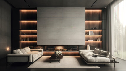 A living room featuring a minimalistic interior with shelves, high ceilings, concrete walls, floor-to-ceiling windows that let in plenty of sunlight, photorealistic illustration, Generative AI