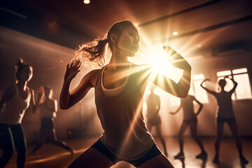 Join the energetic aerobic class at the gym and be inspired by the determined Asian woman, keeping up with the upbeat routine in warm light.