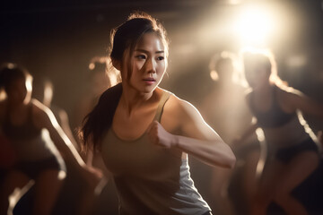 Join the energetic aerobic class at the gym and be inspired by the determined Asian woman, keeping up with the upbeat routine in warm light.