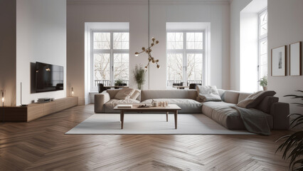 A spacious and sunlit living room with a high ceiling, white minimalistic interior, large windows, and a beautiful herringbone wood floor, photorealistic illustration, Generative AI
