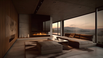 A private living room with a panoramic view of a serene lake at sunset, featuring a minimalistic concrete interior with a wood finish accent wall, photorealistic illustration, Generative AI