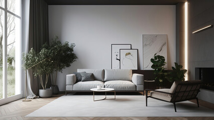 A small, sunlit living room with large windows, high ceiling, white minimalistic interior, and plants, photorealistic illustration, Generative AI