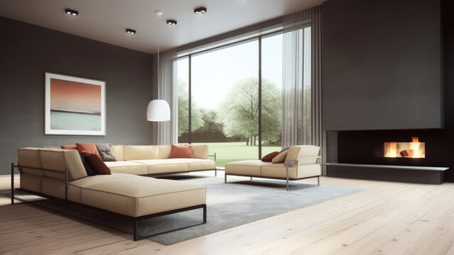 Summer day open landscape view, sunlit minimalistic living room with large window, dark interior, bright wood floor, and fireplace, photorealistic illustration, Generative AI