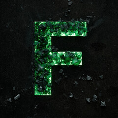 High quality photo of green colored capital letter F on a black textured background with black...