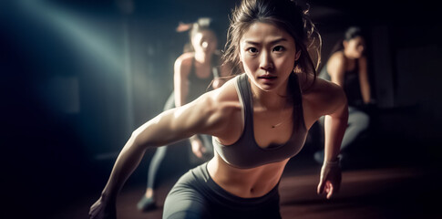 Promote women's health and fitness with this dynamic stock photo of a skilled woman leading an aerobic dance class in cool light tone. generative AI