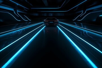 Fototapeta na wymiar Sci Fi Futuristic Asphalt Neon Glowing Blue Lines Road Two Lanes Dark Night Showroom Studio Empty Car Realistic Cyber 3D Rendering. Generative AI