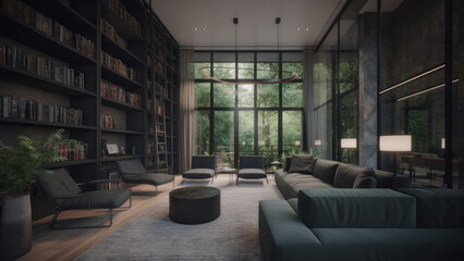 Fototapeta na wymiar A sunlit living room with large windows showcasing the surrounding forest, featuring a dark-themed interior with floor-to-ceiling bookcases, photorealistic illustration, Generative AI