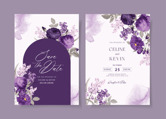 Watercolor wedding invitation template set with romantic purple floral and leaves decoration