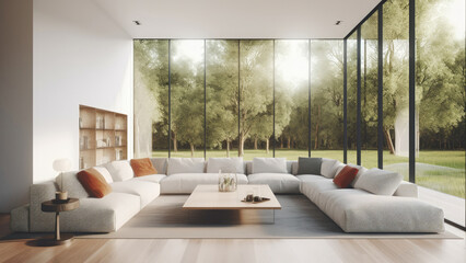 A sunlit lounge with floor-to-ceiling glass windows, an all-white minimalistic interior, a large sofa, and a serene park view, photorealistic illustration, Generative AI