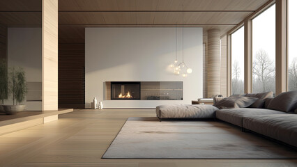 A spacious living room with a wood finish minimalistic interior, floor-to-ceiling glass windows that bring in abundant sunlight and offer a forest view, photorealistic illustration, Generative AI