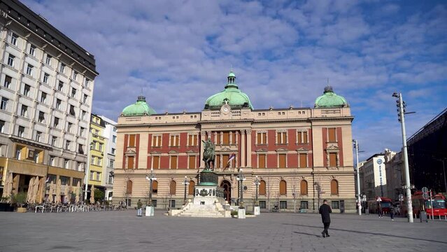 Monument to Prince Mihailova and Republic Square (Trg Republike in Serbian) in Belgrade. Belgrade, Serbia - March 31, 2023.