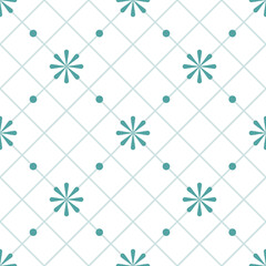 White tone background, green lines diagonal strips. Decorated with pastel green flowers and small green circles, it is a seamless pattern that is a beautiful, cute and warm.