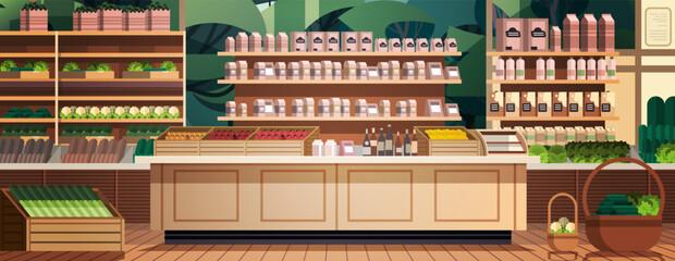 grocery supermarket with products shelves retail consumerism concept modern store interior - obrazy, fototapety, plakaty