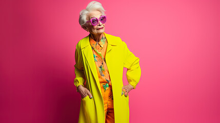 Grandma fashion model. Elderly woman in a bright yellow coat in front of a pink background. Studio photography. Generative AI