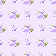 In this seamless pattern, consists of a delicate bouquet of purple flowers interspersed with soft green leaves. Placed on a purple background, it looks warm, sweet, delicate and beautiful.