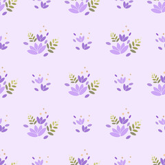 In this seamless pattern, consists of a delicate bouquet of purple flowers interspersed with soft green leaves. Placed on a purple background, it looks warm, sweet, delicate and beautiful.