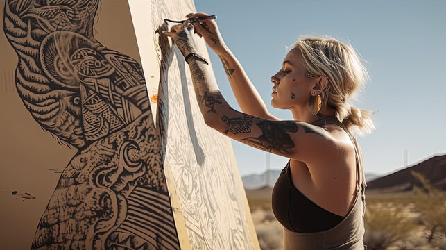 A tattooed blonde woman artist painting in the desert. Generative AI