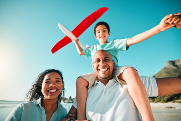 Beach, selfie and family with airplane at the ocean for travel, holiday or summer vacation. Portrait, love and kid with toy and parents at the sea for playing, weekend and bonding while having fun