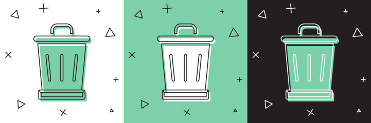 Set Trash can icon isolated on white and green, black background. Garbage bin sign. Recycle basket icon. Office trash icon. Vector