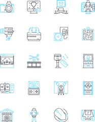 Content creation linear icons set. Blogging, Writing, Social media, Video, Infographics, Podcasts, E-books line vector and concept signs. Email,Graphics,Photography outline illustrations